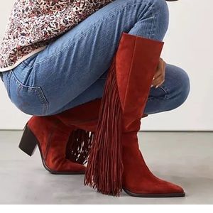 Jeffrey Campbell Knee High Fringe Boots | Maroon Red | Size 8